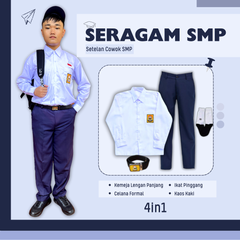 1 Set Seragam SMP Cowok Lengan Panjang (Hem Lengan Panjang, Celana, Ikat Pinggang, Kaos Kaki)