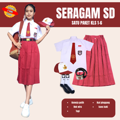 1 Set Lengkap Seragam SD Wanita Lengan Pendek (Atasan, Bawahan, Topi,Dasi,Ikat Pinggang, Kaos Kaki)