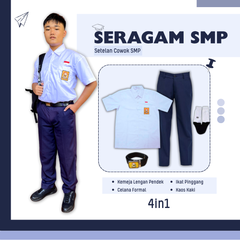 1 Set Seragam SMP Cowok Lengan Pendek (Hem Lengan Pendek, Celana, Ikat Pinggang, Kaos Kaki)