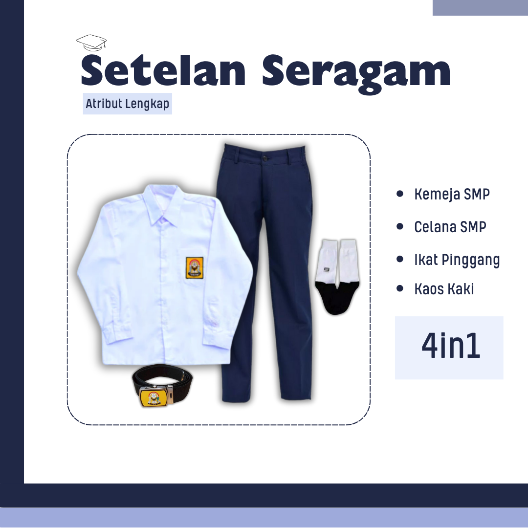 1 Set Seragam SMP Cowok Lengan Panjang (Hem Lengan Panjang, Celana, Ikat Pinggang, Kaos Kaki)