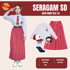 1 Set Lengkap Baju Seragam SD  Lengan Panjang (Atasan, Bawahan, Topi,Dasi,Ikat Pinggang, Kaos Kaki)