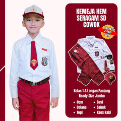 1 Set Seragam SD Cowok Lengan Panjang (Hem, Celana, Topi, Dasi, Ikat Pinggang, Kaos Kaki)