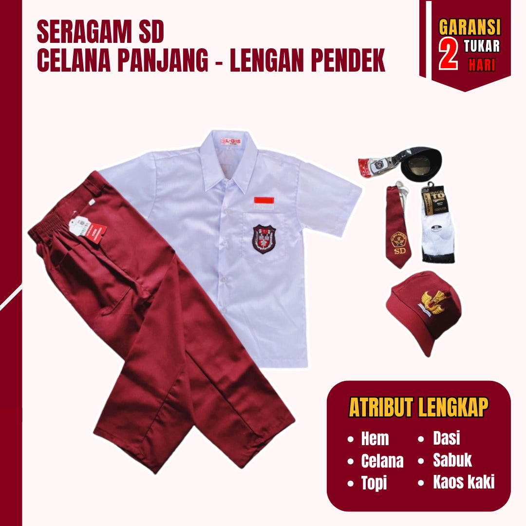 1 Set Seragam SD Cowok Lengan Pendek (Hem, Celana, Topi, Dasi, Ikat Pinggang, Kaos Kaki)