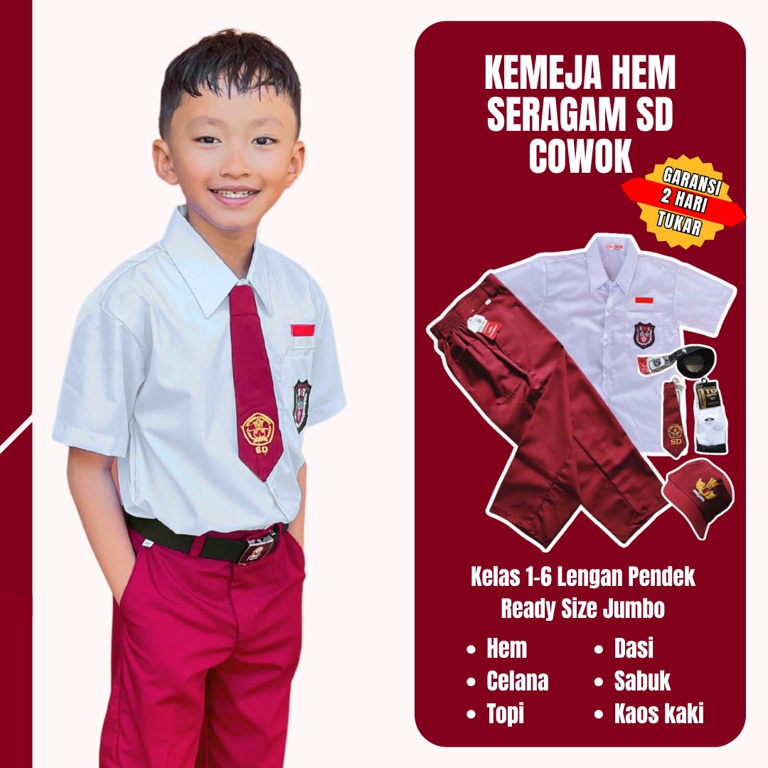 Seragam Sekolah SD Merah Putih Cowok Lengan Pendek (Baju Lengan Pendek + Celana)