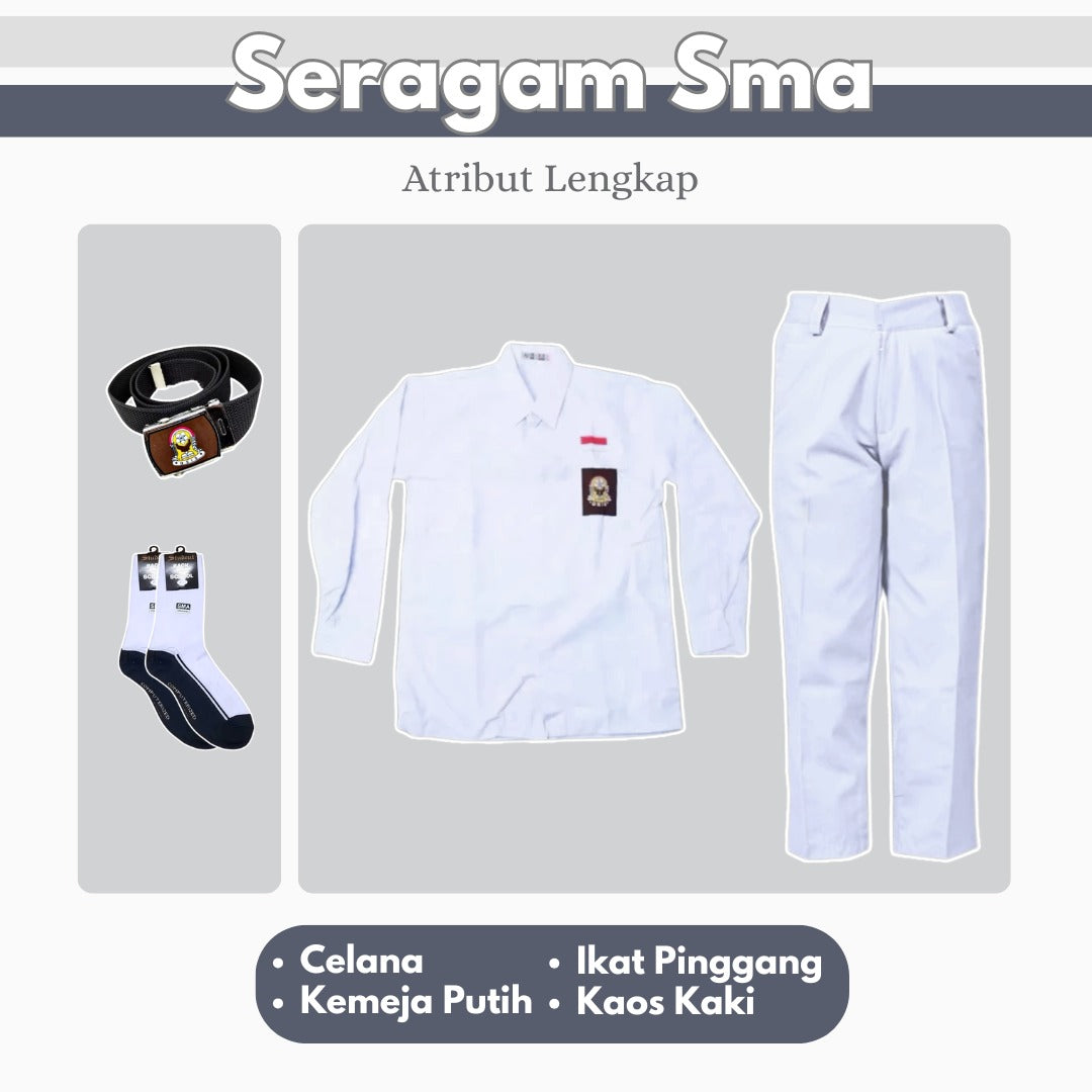 1 Set Seragam SMU Putih Putih Lengan Panjang (Atasan Putih + Bawahan Putih + Ikat Pinggang + Kaos Kaki)