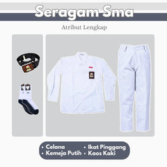 1 Set Seragam SMU Putih Putih Lengan Panjang (Atasan Putih + Bawahan Putih + Ikat Pinggang + Kaos Kaki)